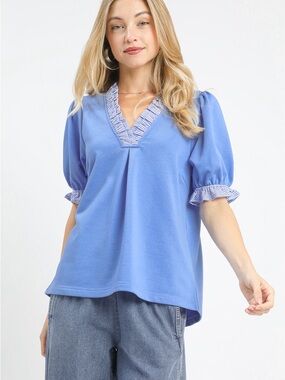 Umgee French Terry Ruffle Trim Puff Sleeve Top – Peri Blue